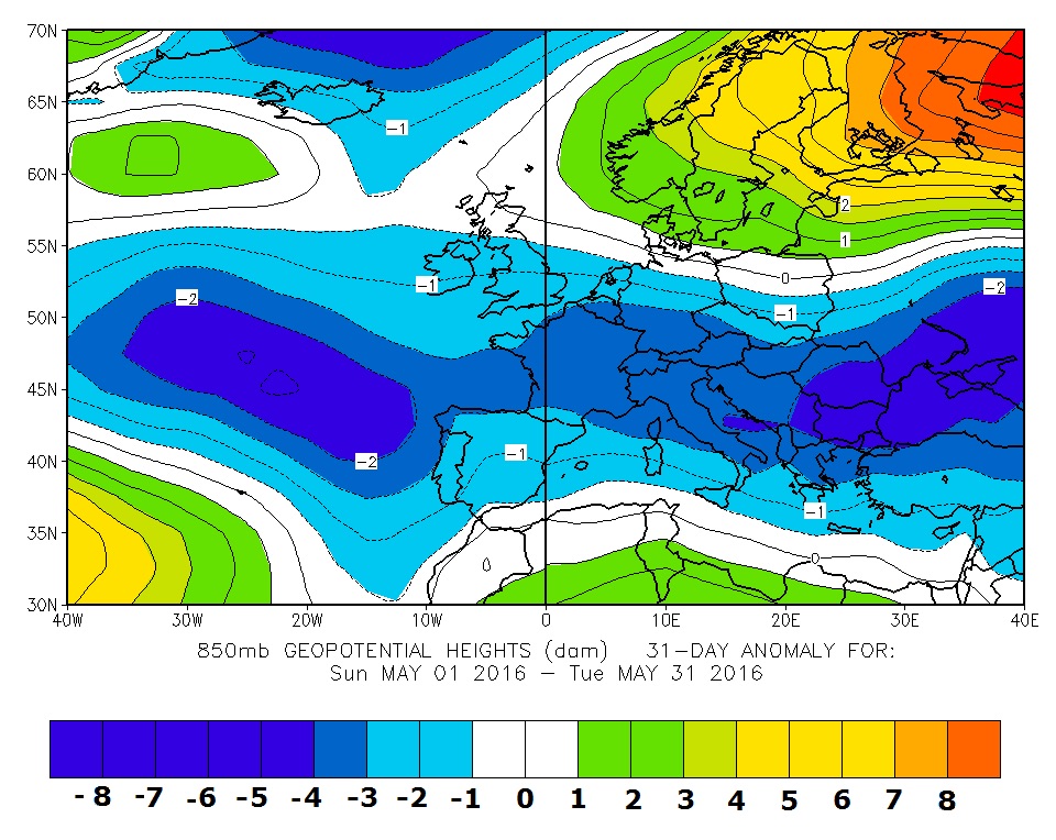 Figura 1 - 850 hPa anomaly mag 2016