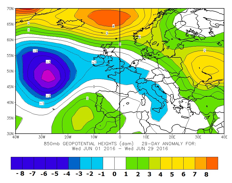 Figura 1 - 850 hPa anomalia giugno 2016